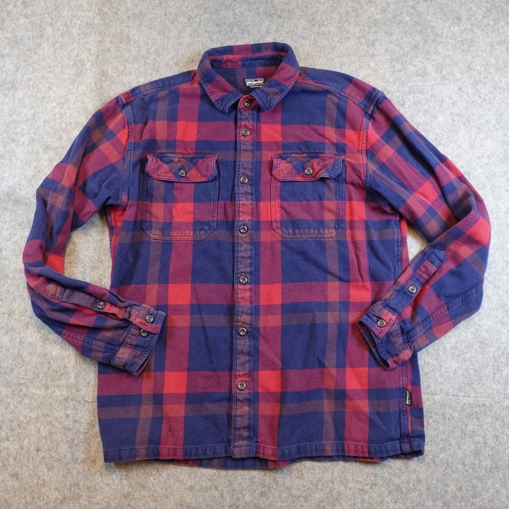 Patagonia Shirt Men L/XL Red Blue Plaid Fjord Organic Cotton Flannel Button Down